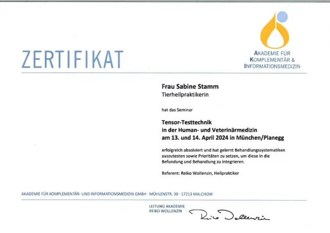 2024-AKI Zertifikat Sabine Stamm Testtechnik in der Human- u. VET-Medizin